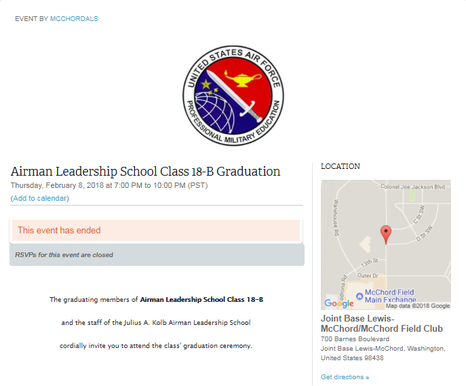 memberplanet event page for Airman Leadership School Graduation